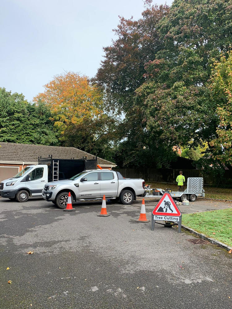 ADF vans, cones and a Tree Cutting sign set up on a residential road