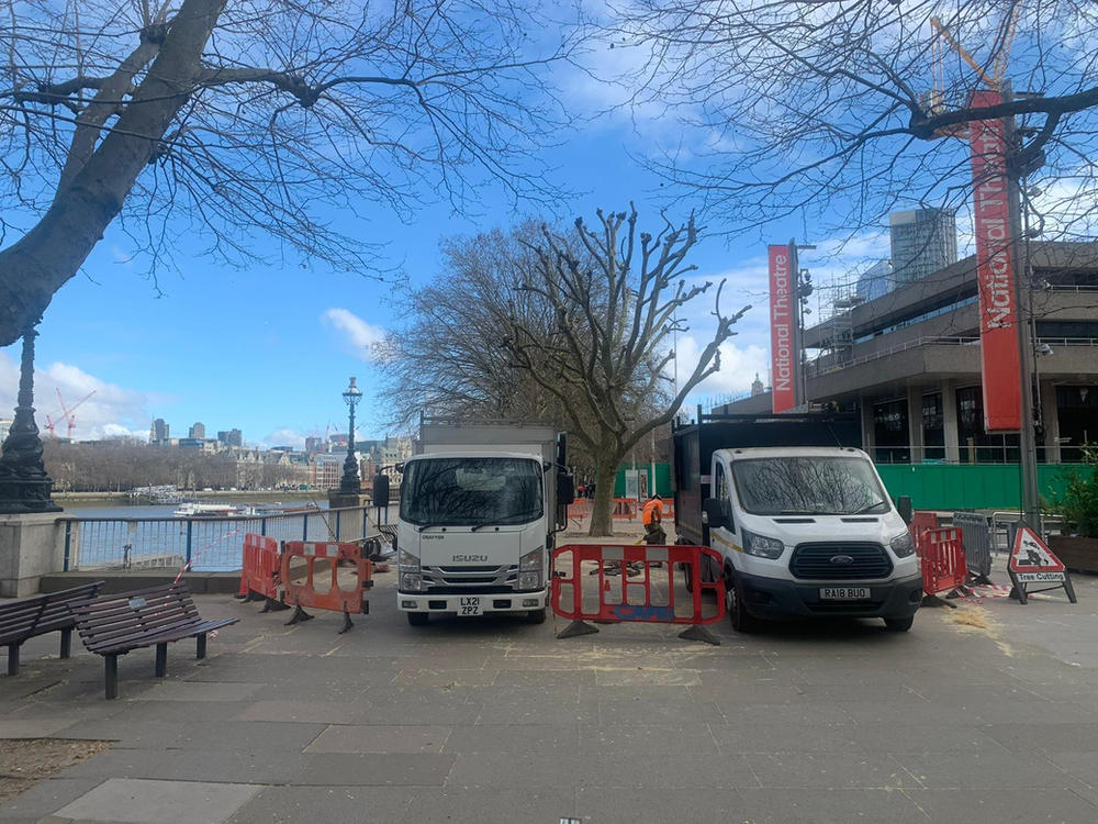ADF vehicles and barriers set up beside the National Theatre on London South Bank